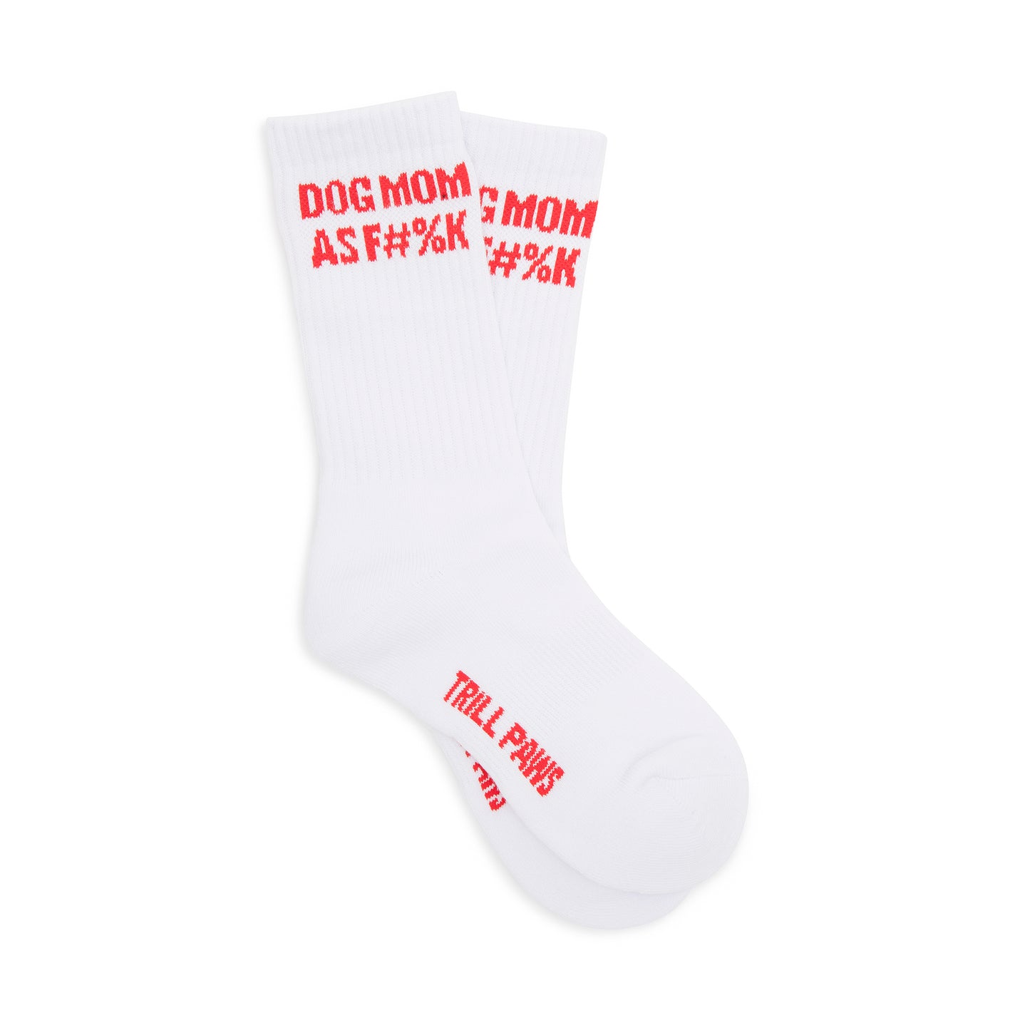 WHITE DOG MOM AF COTTON BLEND STRIPED SOCKS WITH RED TEXT | TRILL PAWS