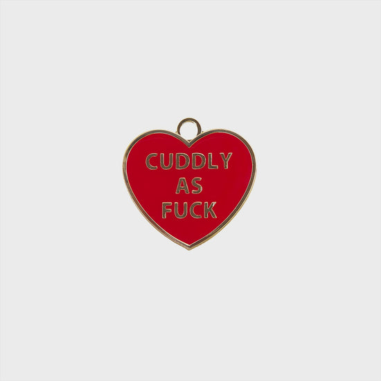 Load and play video in Gallery viewer, Cuddly As Fuck Tag - red and gold heart enamel pet id tag says cuddly as fuck | trill paws
