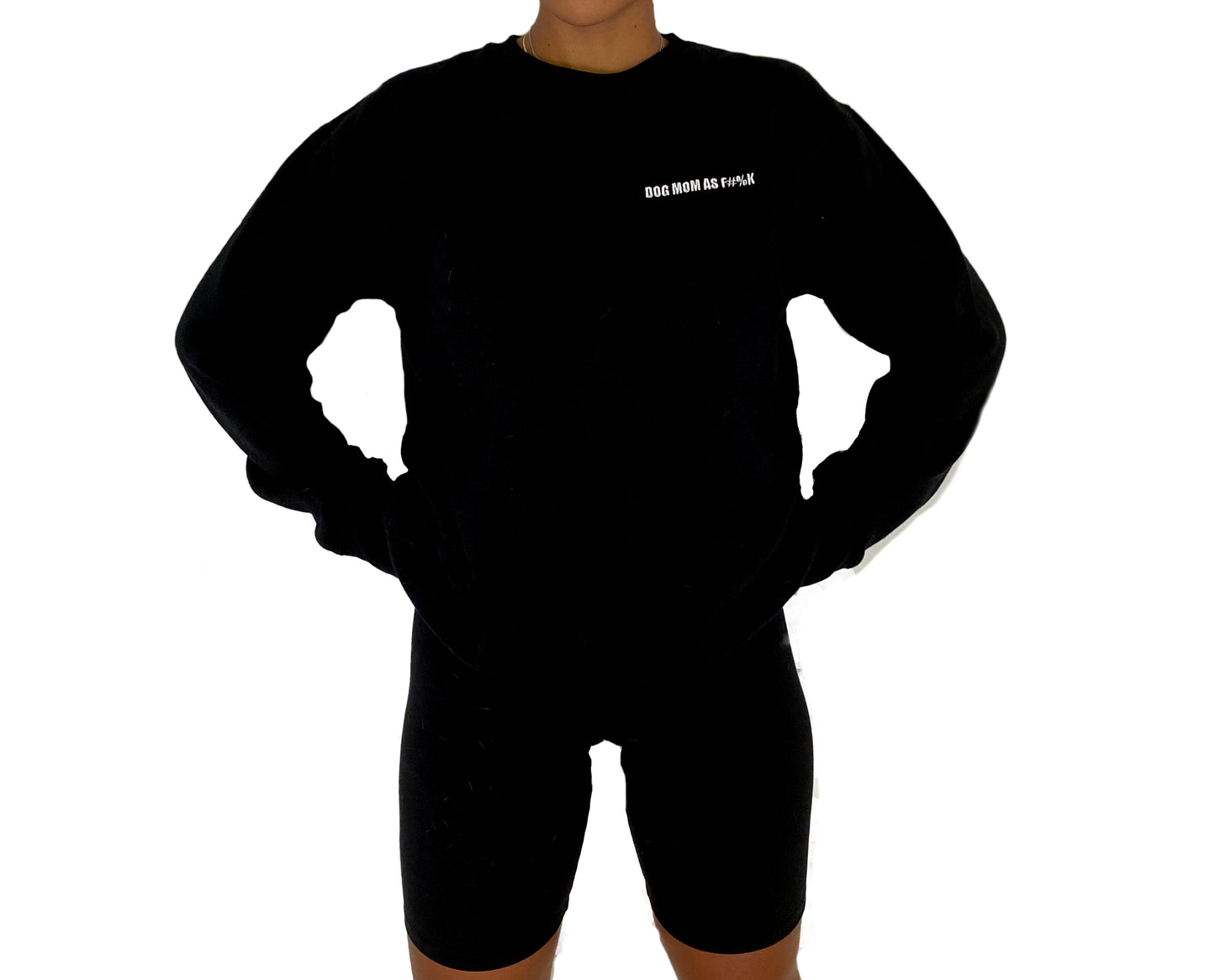 BLACK DOG MOM AF COTTON BLEND CREWNECK SWEATSHIRT WITH WHITE EMBROIDERED TEXT | TRILL PAWS