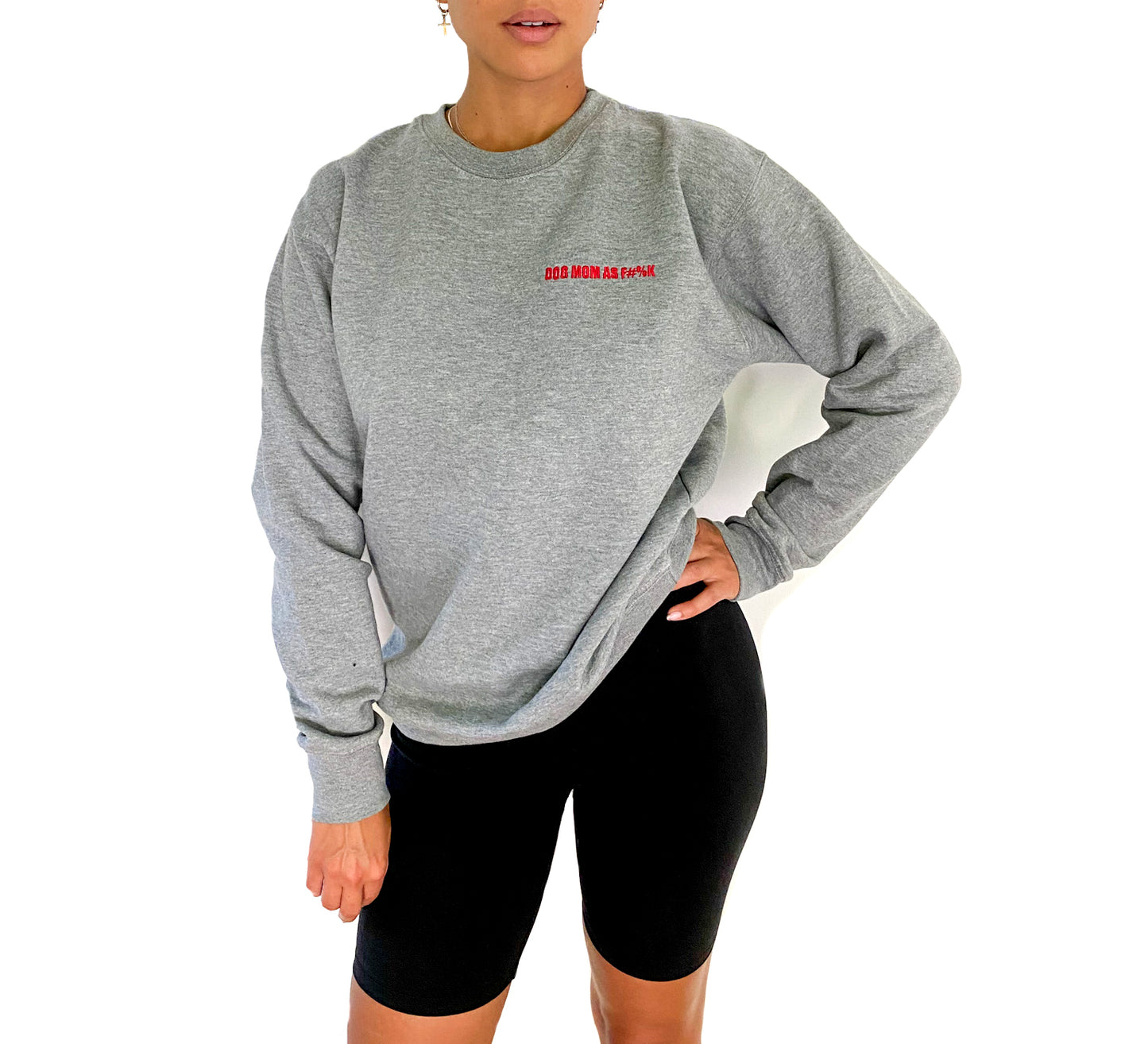 GREY DOG MOM AF COTTON BLEND CREWNECK SWEATSHIRT WITH RED EMBROIDERED TEXT | TRILL PAWS