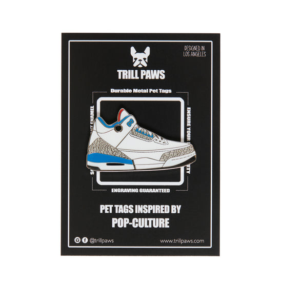 True Blue Jordan Tennis Shoe White Red Blue enamel id tag | TrIll Paws