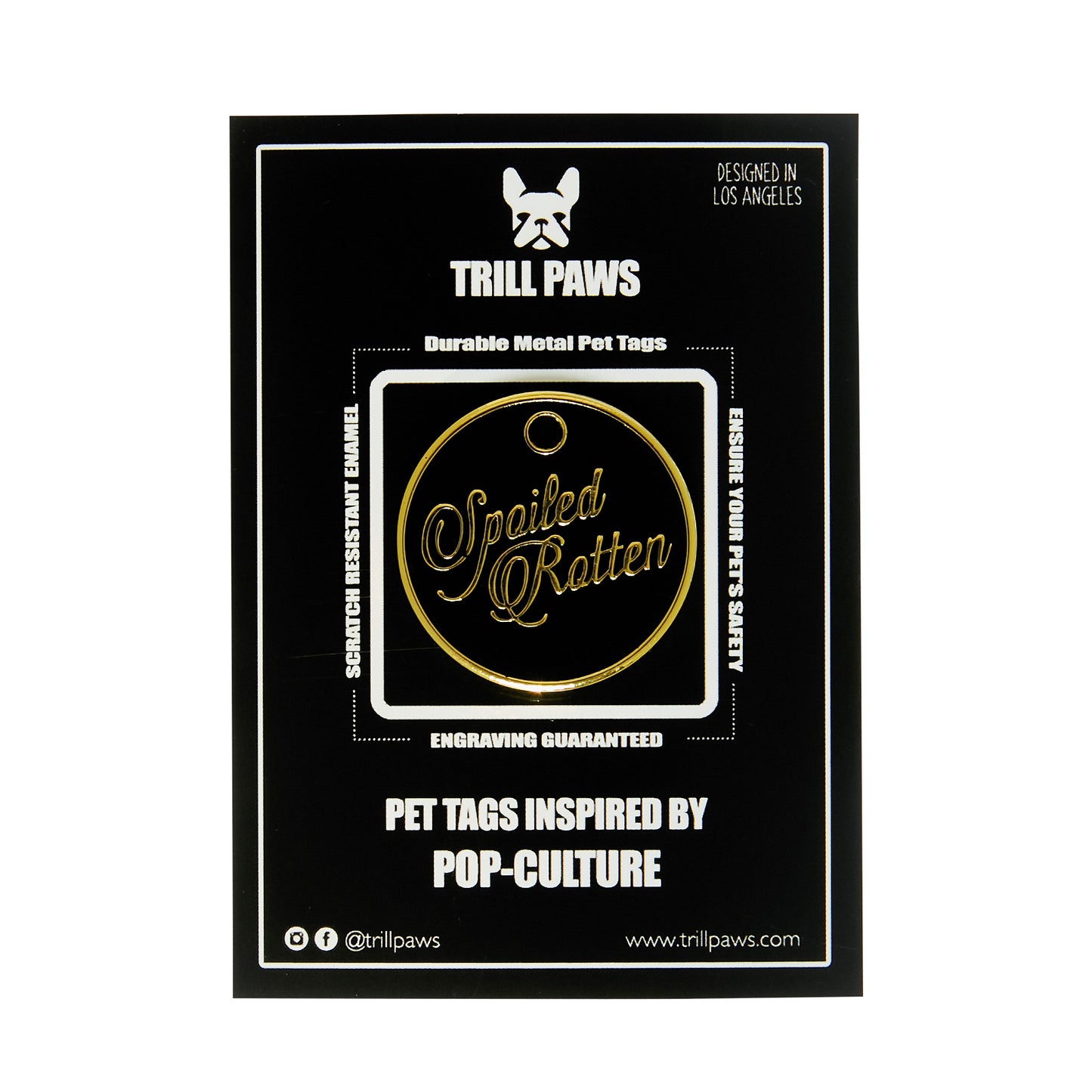 black and gold enamel id tag spoiled rotten on black packaging card| trill paws