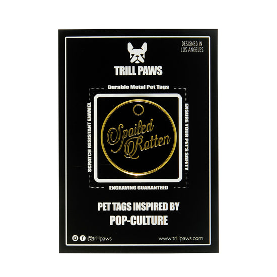 black and gold enamel id tag spoiled rotten on black packaging card| trill paws