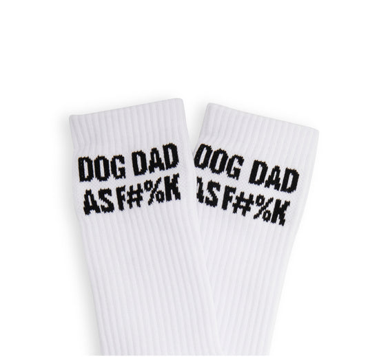 Dog Dad Socks - black and white socks says dog dad as fuck 