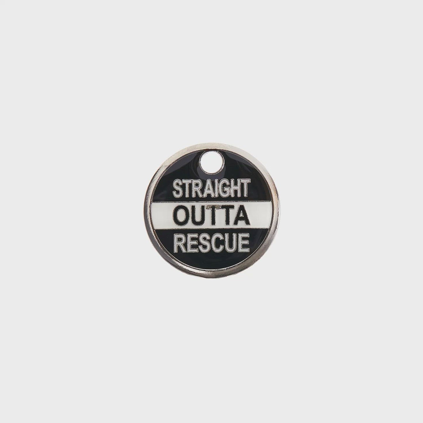 Load and play video in Gallery viewer, Straight Outta Rescue Tag - black and silver enamel pet id tag says straight out of rescue | trill paws
