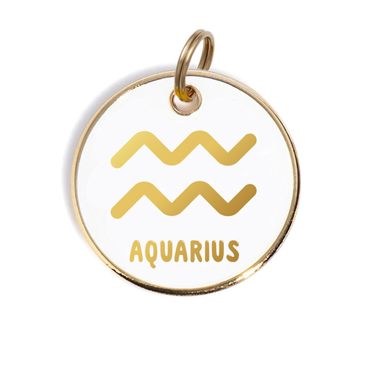 aquarius zodiac white and gold enamel tag | Trill Paws