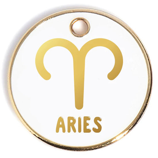 Load image into Gallery viewer, Aries Tag - white and gold enamel pet id tag that says aries | trill paws
