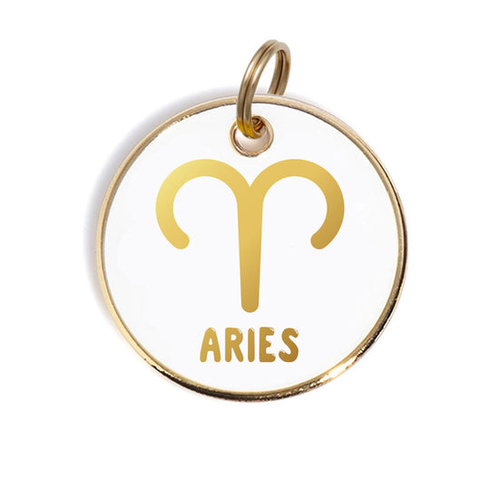 aries zodiac white and gold enamel tag | Trill Paws