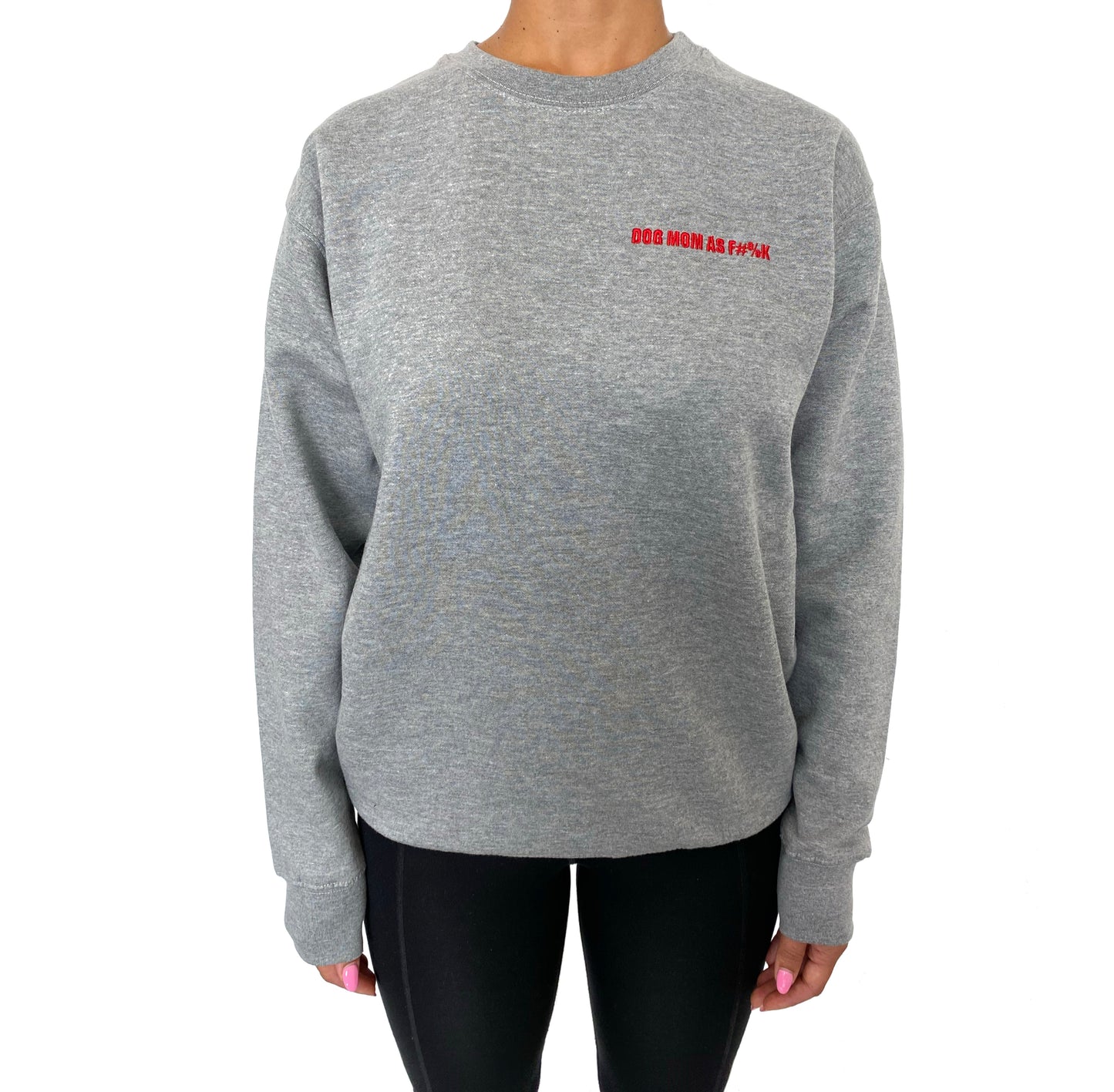 Load image into Gallery viewer, GREY DOG MOM AF COTTON BLEND CREWNECK SWEATSHIRT WITH RED EMBROIDERED TEXT | TRILL PAWS 
