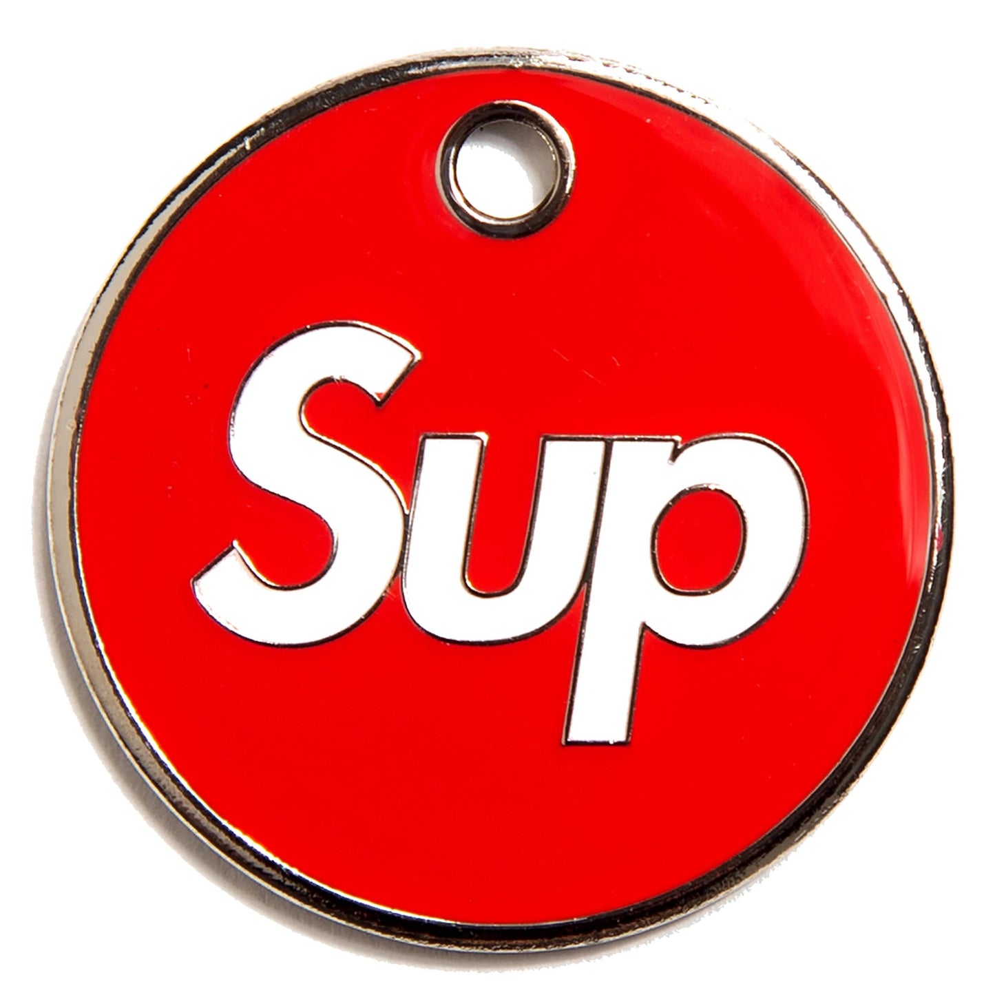 Sup Tag - red and silver enamel pet id tag says sup | trill paws