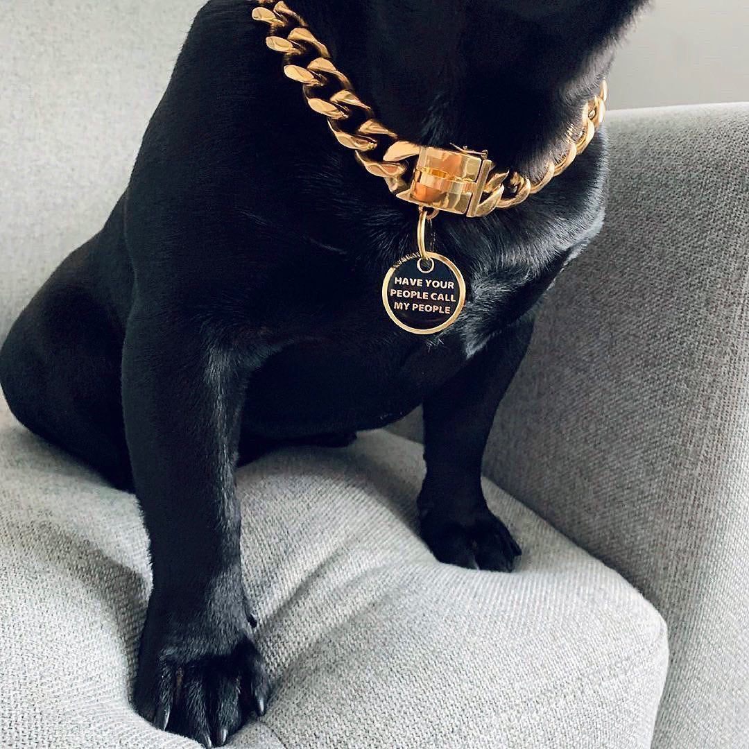 Load image into Gallery viewer, BLACK AND GOLD CALL MY PEOPLE TRILL PAWS ID TAG ON BLACK DOG
