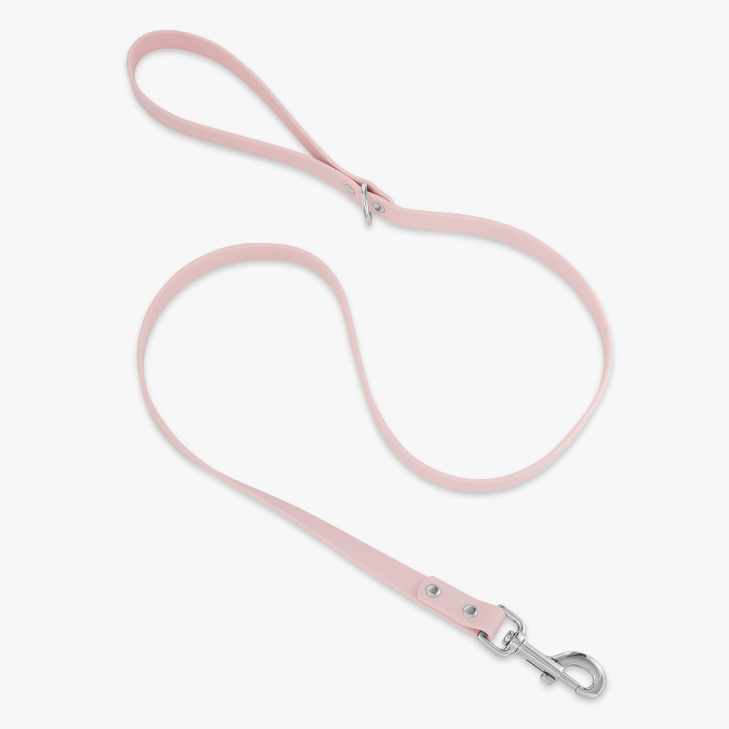 pink and silver trill paws pvc dog leash on white background