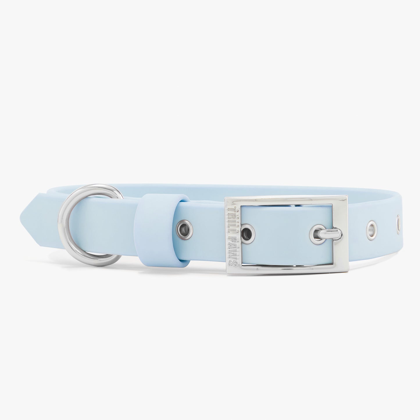 blue and silver trill paws pvc dog collar on white background
