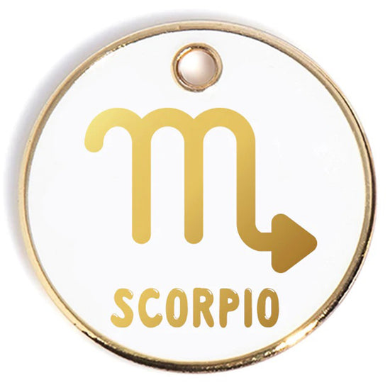 Load image into Gallery viewer, Scorpio Tag - white and gold enamel pet id tag says scorpio | trill paws
