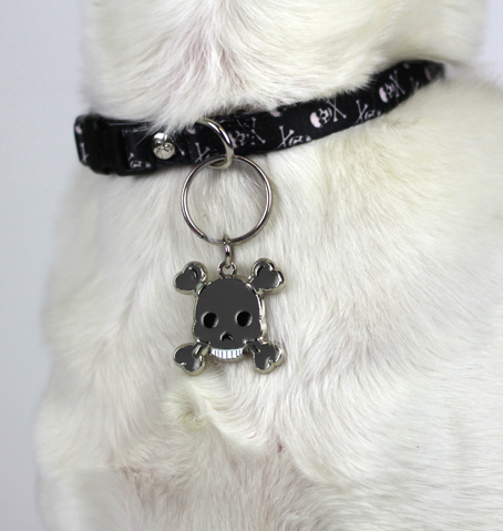 Skull and Bones Emoji grey and black enamel pet ID tag on black collar and white dog | Trill Paws 