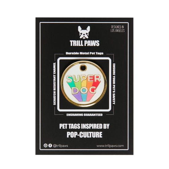 Load image into Gallery viewer, super dog white and rainbow enamel id tag | Trill Paws 
