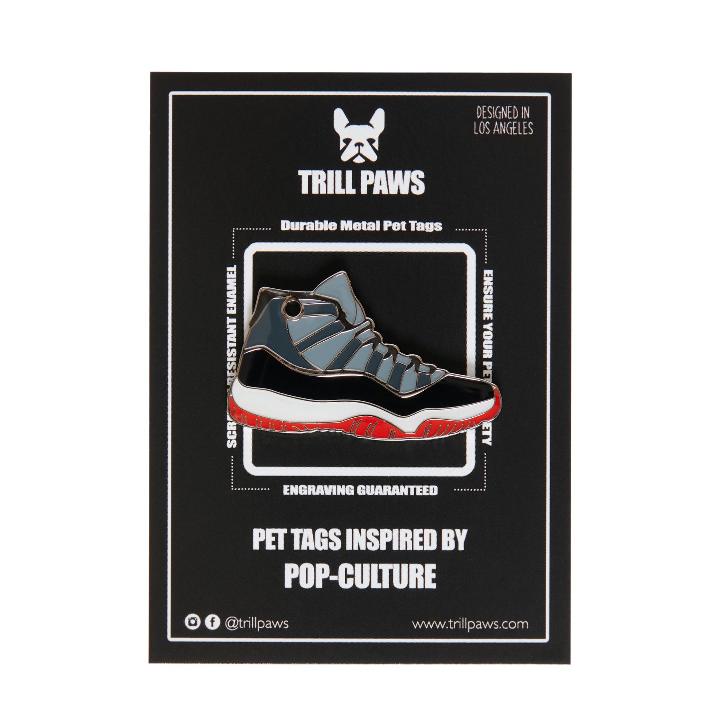red black jordan 11 enamel pet id tag on black packaging card| Trill Paws