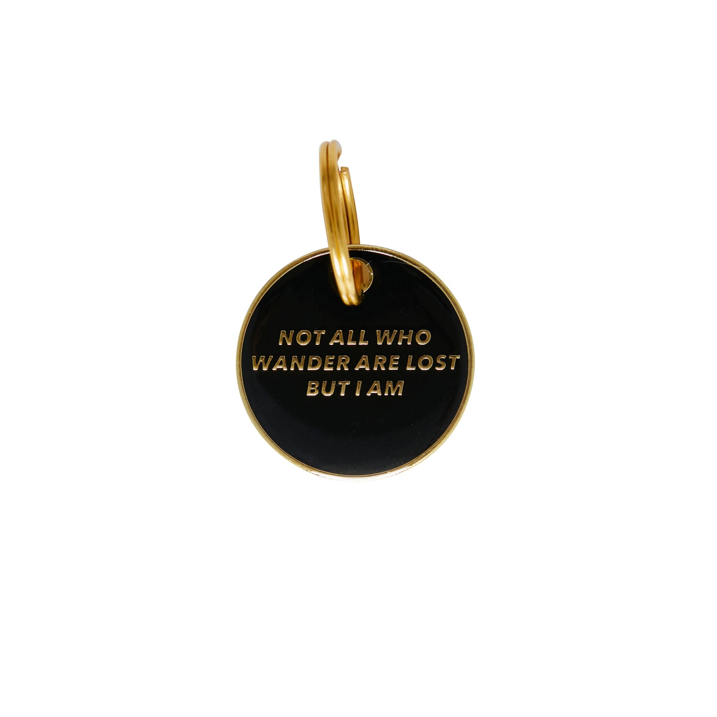Not All Who Wander Black and Gold enamel pet identification tag with steel split ring| Trill Paws
