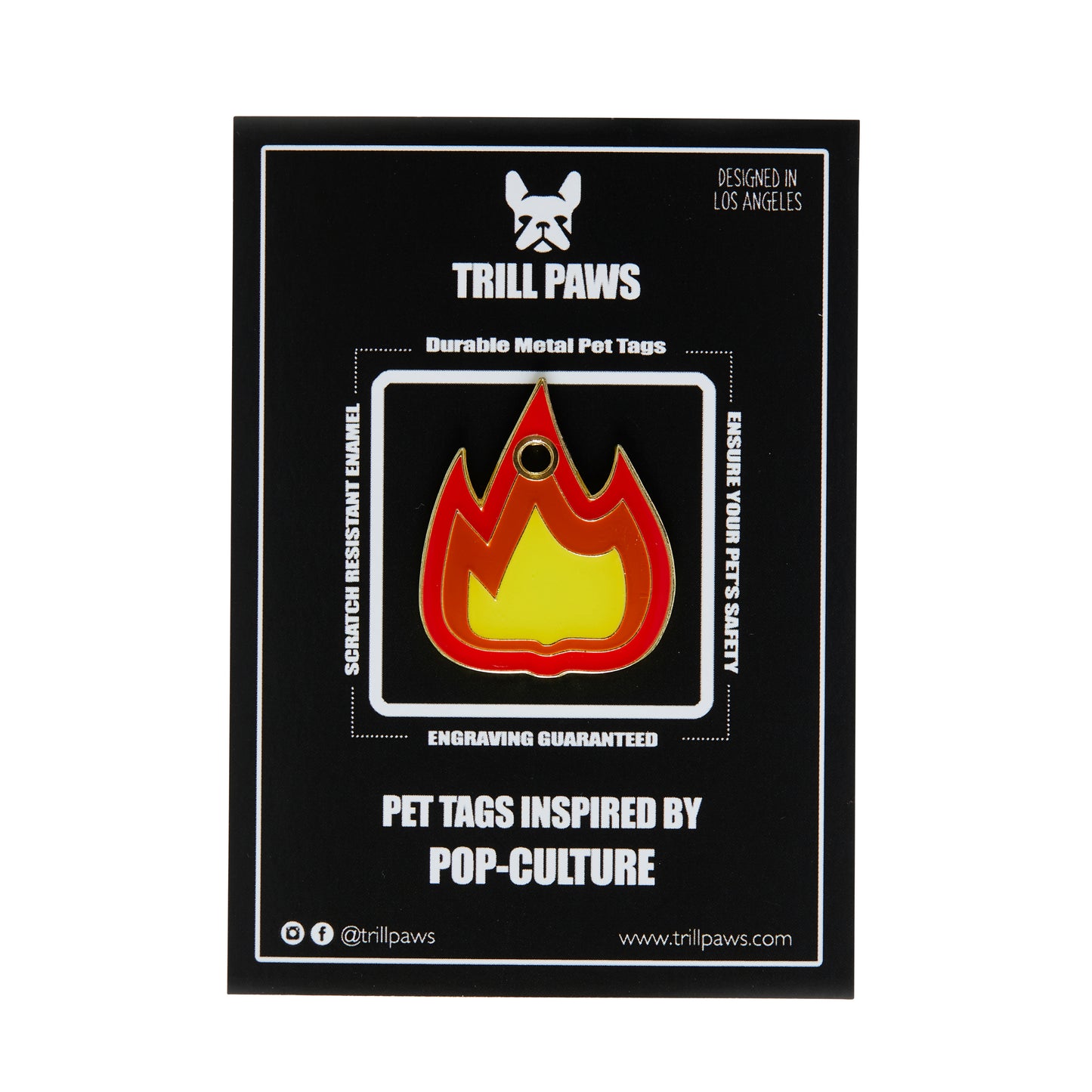 emoji flame enamel pet id tag on black packaging card | Trill Paws 