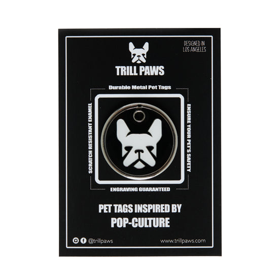 black white silver frenchie enamel pet id tag on black packaging card | Trill Paws 