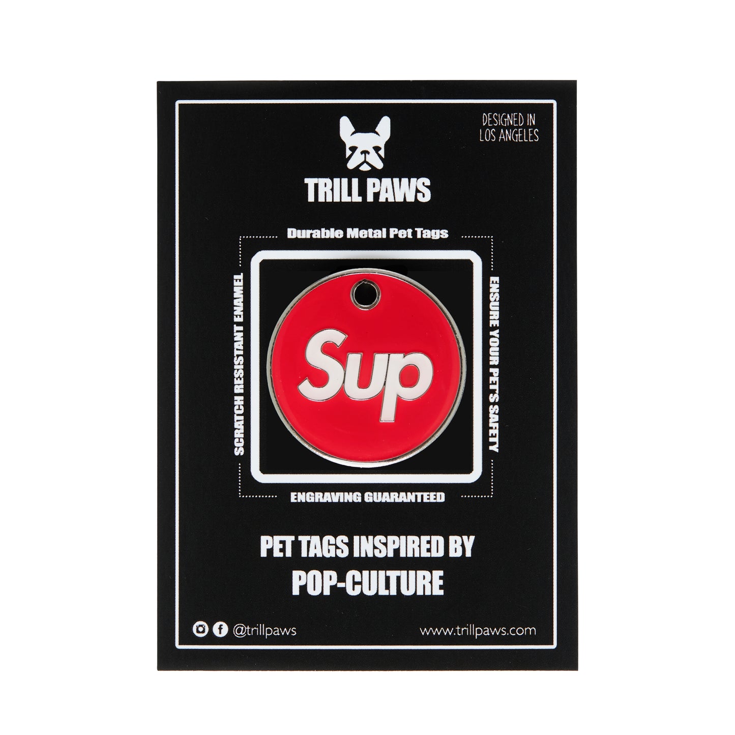 sup red white and silver enamel pet id tag | Trill Paws