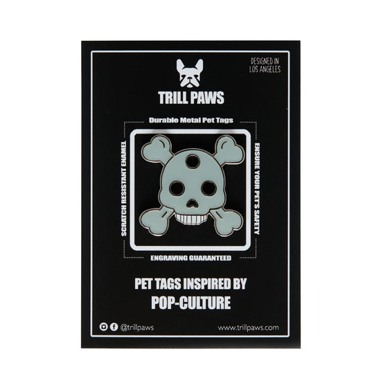 Skull and Bones Emoji grey and black enamel pet ID tag on black packaging  | Trill Paws