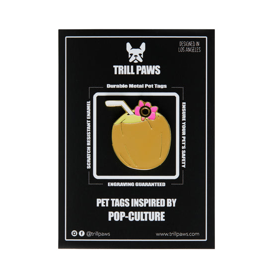 coconut enamel trill paws id tag on black packaging card 