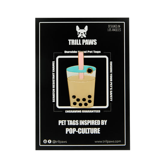 trill paws bubble tea tag on black packaging card 
