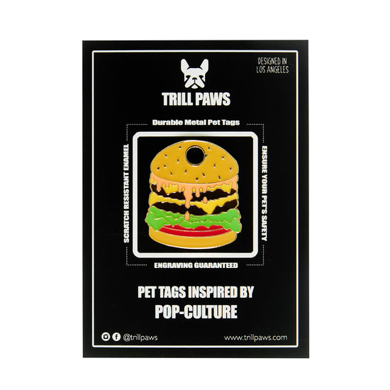 Load image into Gallery viewer, Cheeseburger Hamburger Tag - orange and gold enamel pet id tag | trill paws
