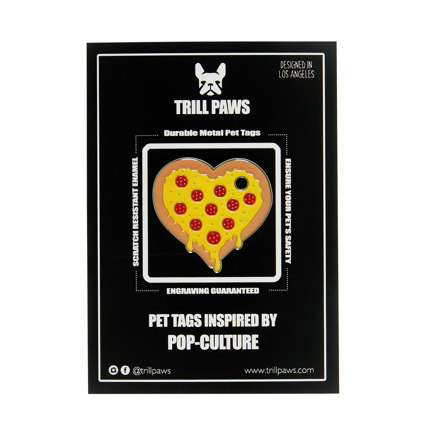 Load image into Gallery viewer, pizza enamel pet id tag brown yellow and red on black packaging card| trill paws
