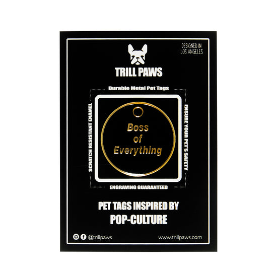 Load image into Gallery viewer, Boss of Everything Tag - black and gold enamel pet id tag that says boss of everything | trill paws
