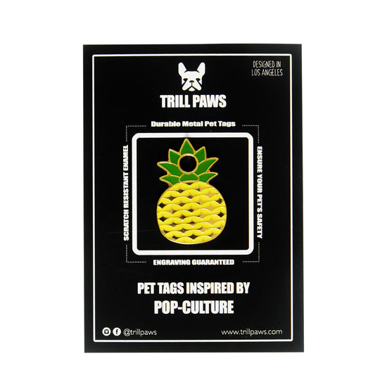 pineapple green yellow gold enamel pet tag on black packaging card| trill paws