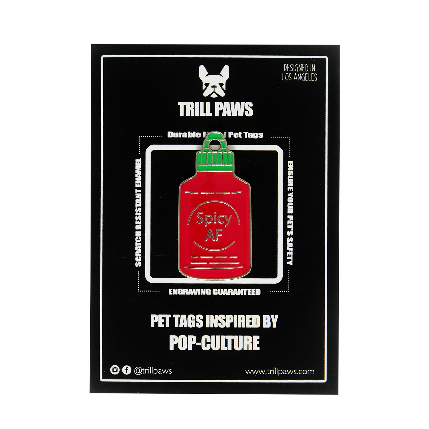 red green siracha bottle pet id tag spicy af enamel id tag on black packaging card| trill paws