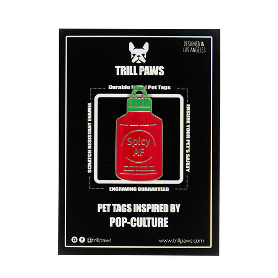 Load image into Gallery viewer, red green siracha bottle pet id tag spicy af enamel id tag on black packaging card| trill paws
