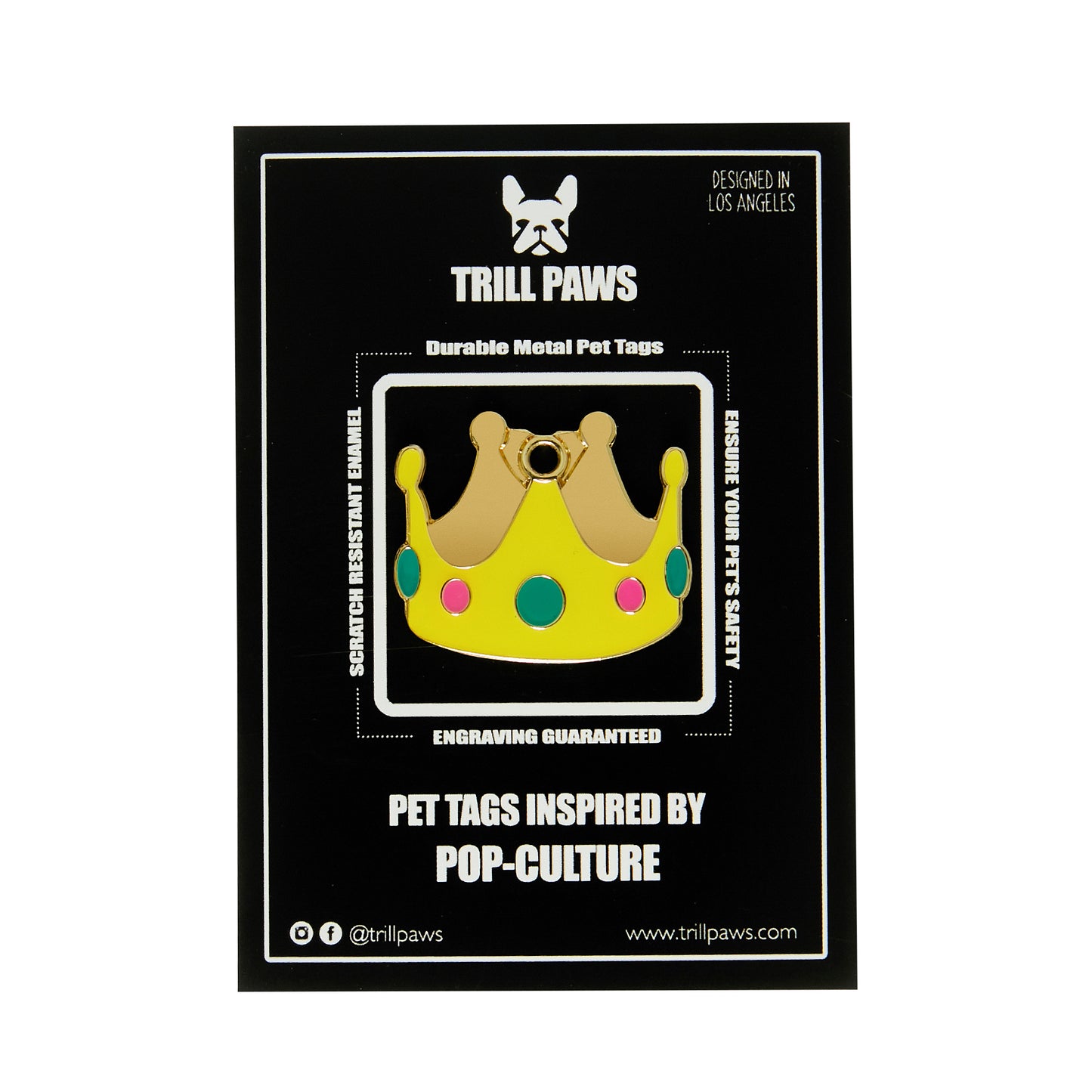 yellow crown emoji pet id tag on black packaging card 