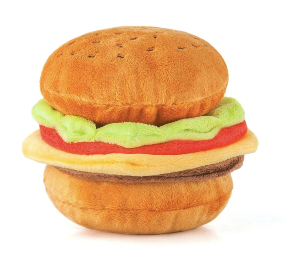 Load image into Gallery viewer, Cheeseburger plush toy brown yellow red green lettuce tomato cheese patty bun dog toy | Trill Paws
