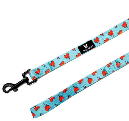 Melting Hearts Leash with blue background and red hearts | TRILL PAWS 