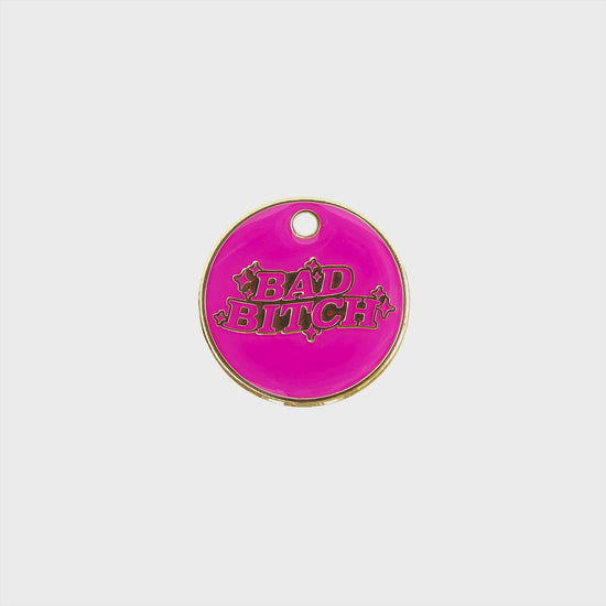 Load and play video in Gallery viewer,  Bad Bitch - pink and gold enamel pet id tag that says bad bitch | trill paws
