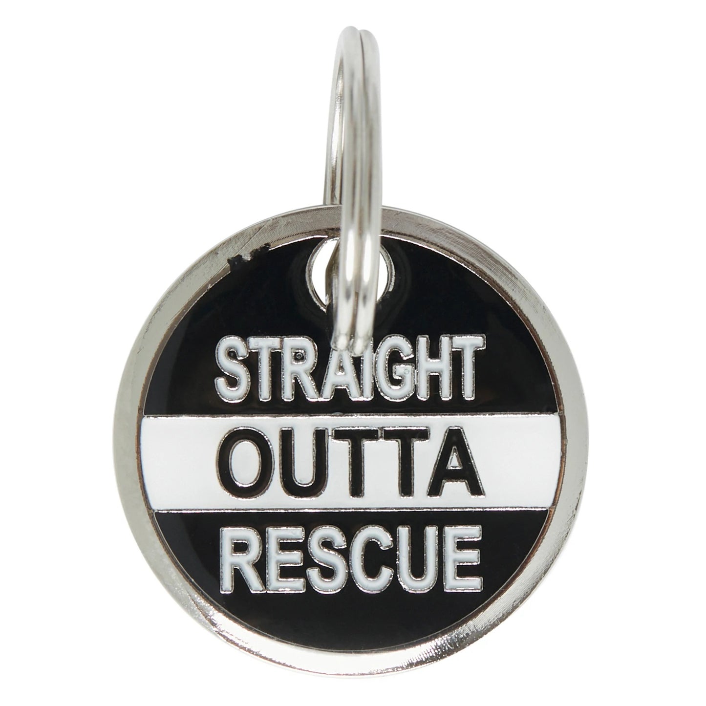 Straight Outta Rescue Tag - black and silver enamel pet id tag says straight out of rescue | trill paws
