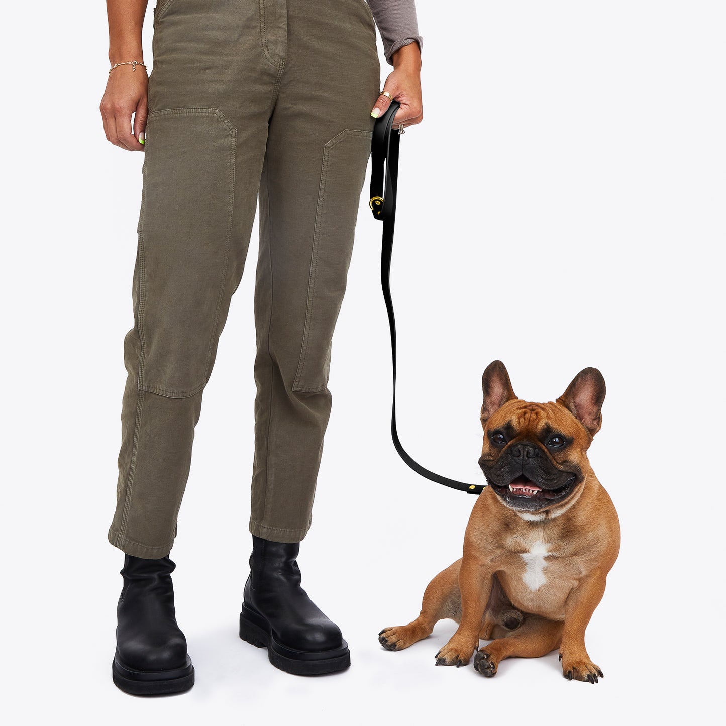 human holding black trill paws leash attached to french bulldog 